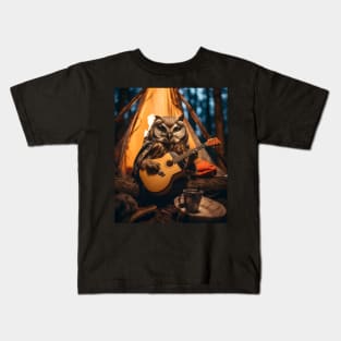 Cottagecore Aesthetic Owl Playing Guitar Camping Kids T-Shirt